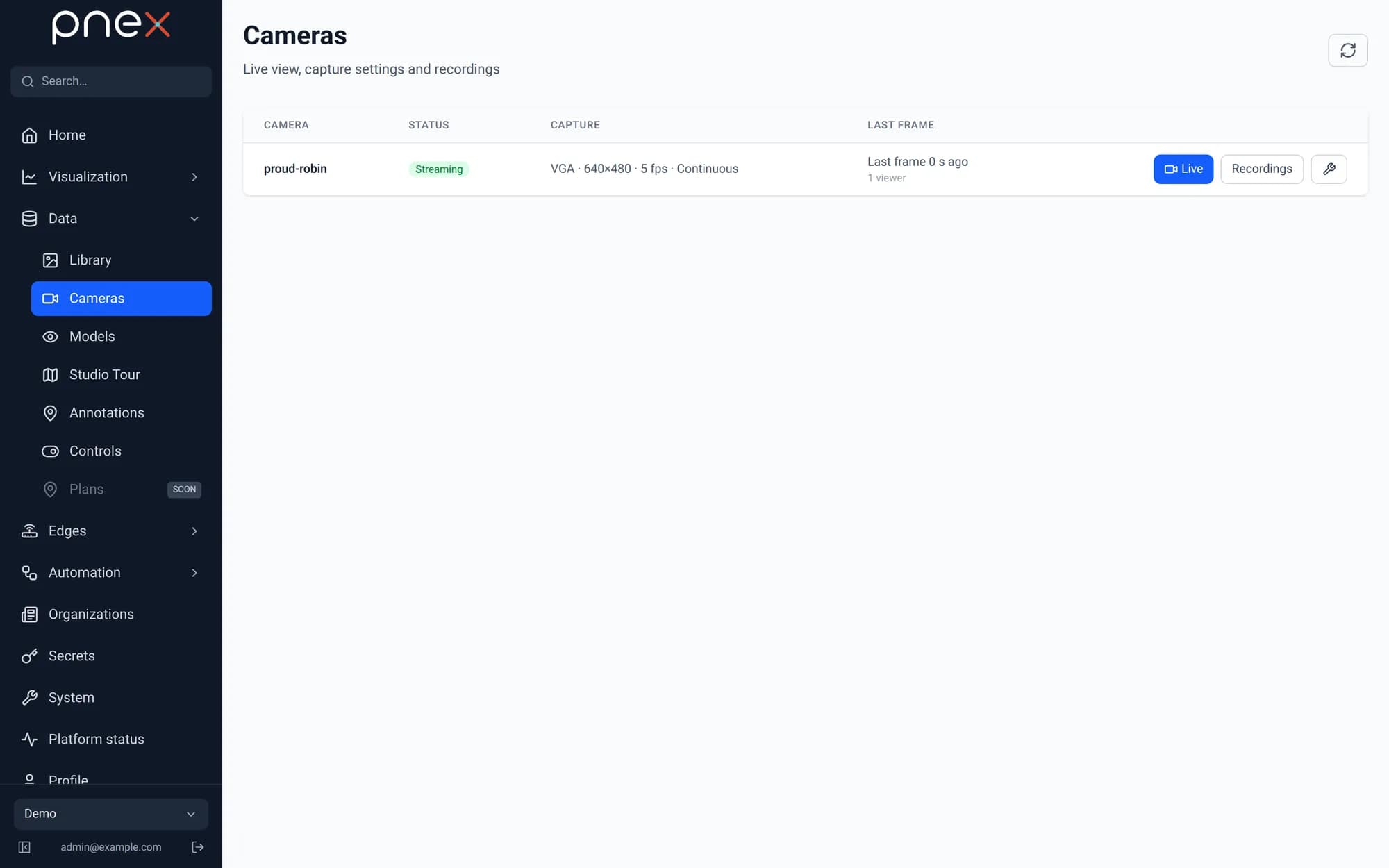 Cameras list: status, capture settings, last frame