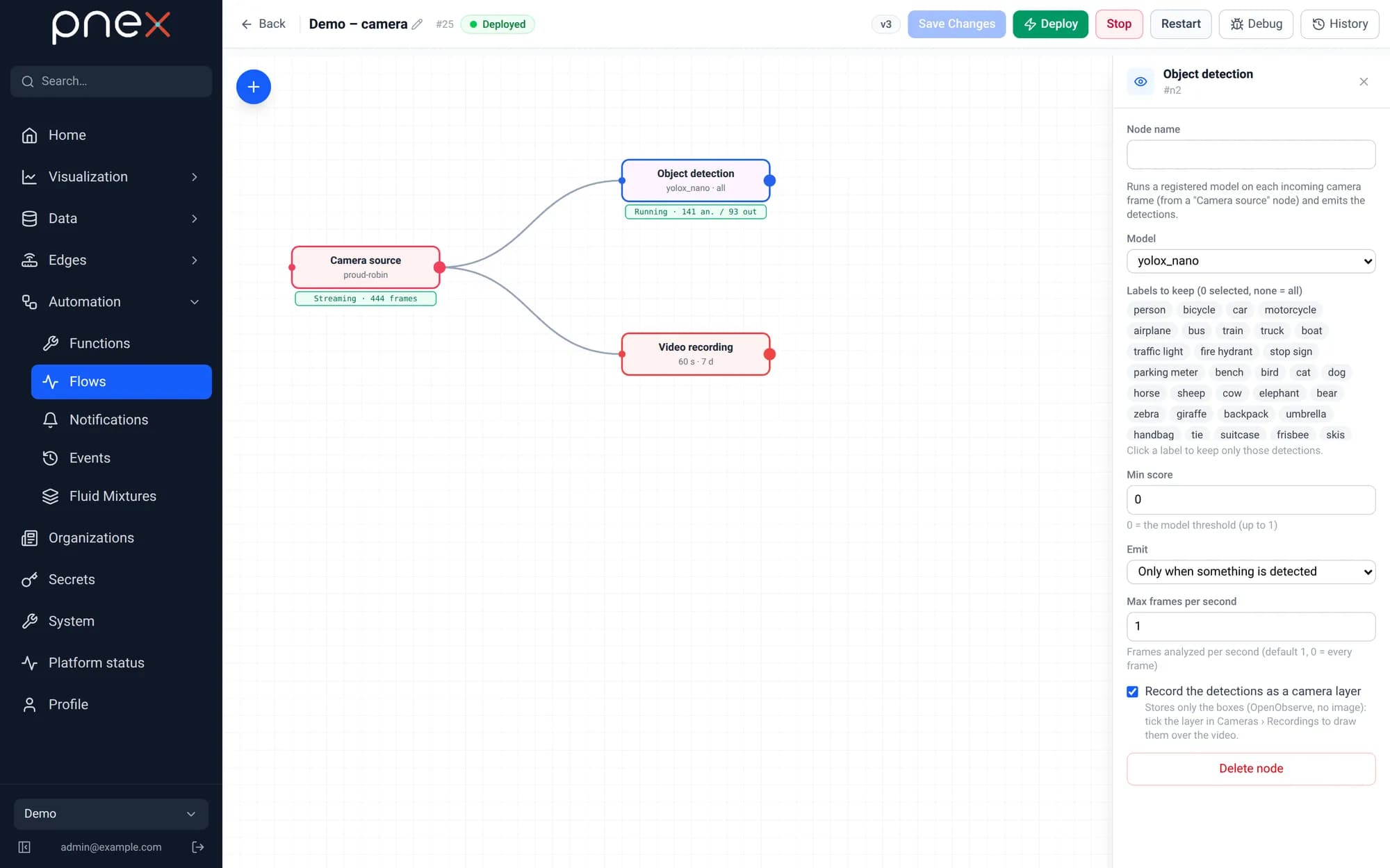 Object detection node settings