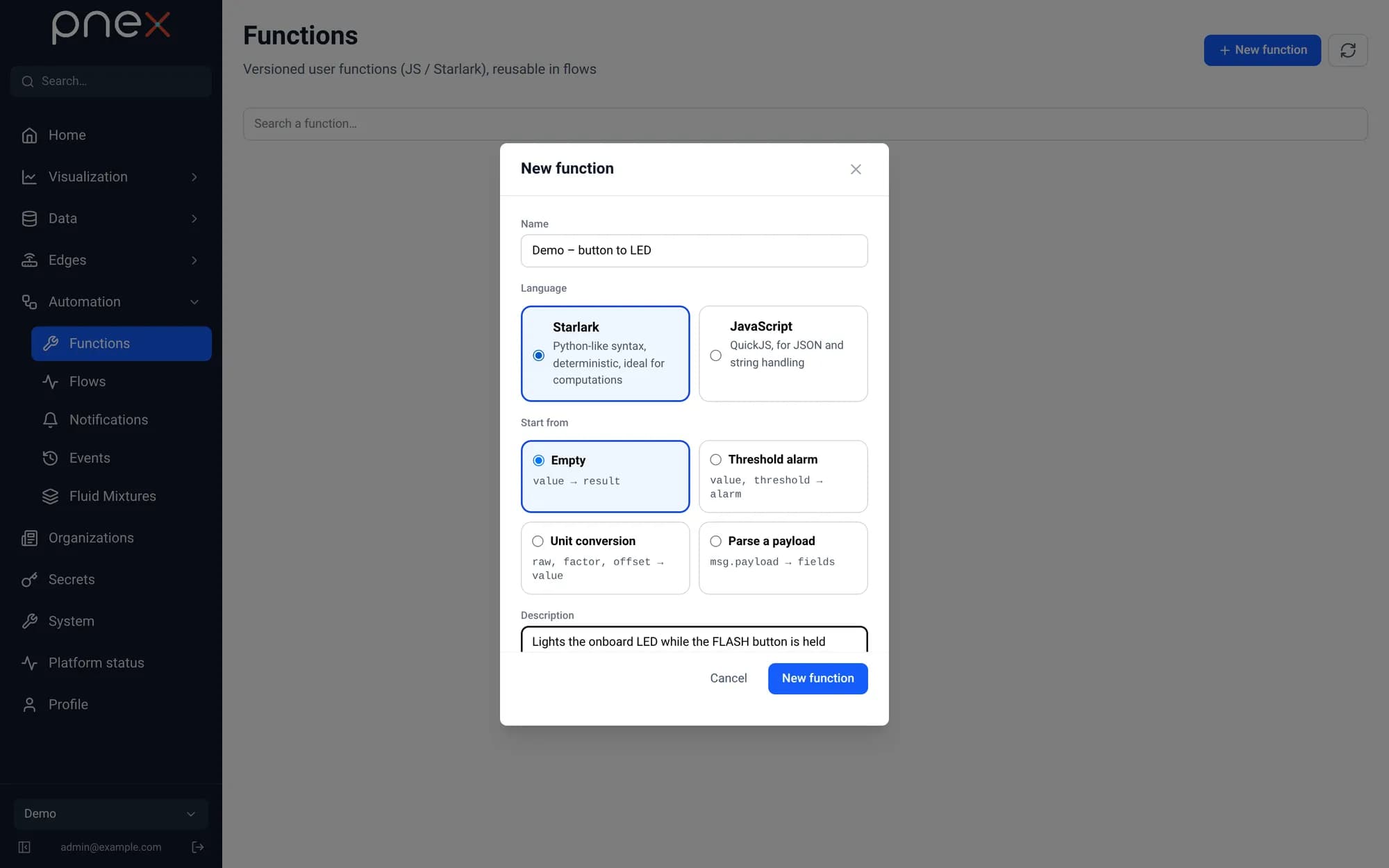 New function dialog with Starlark/JavaScript and templates