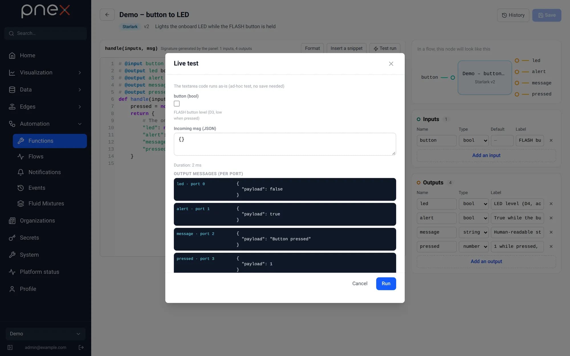 Live test run with per-port outputs