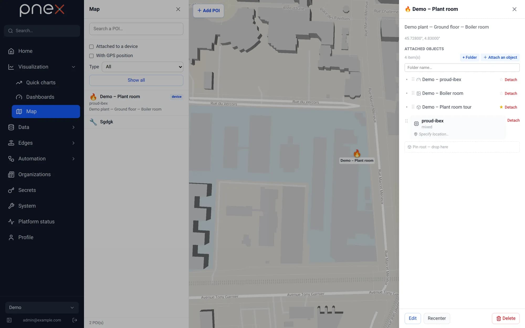 POI drawer with attached device, tour, dashboard and panorama
