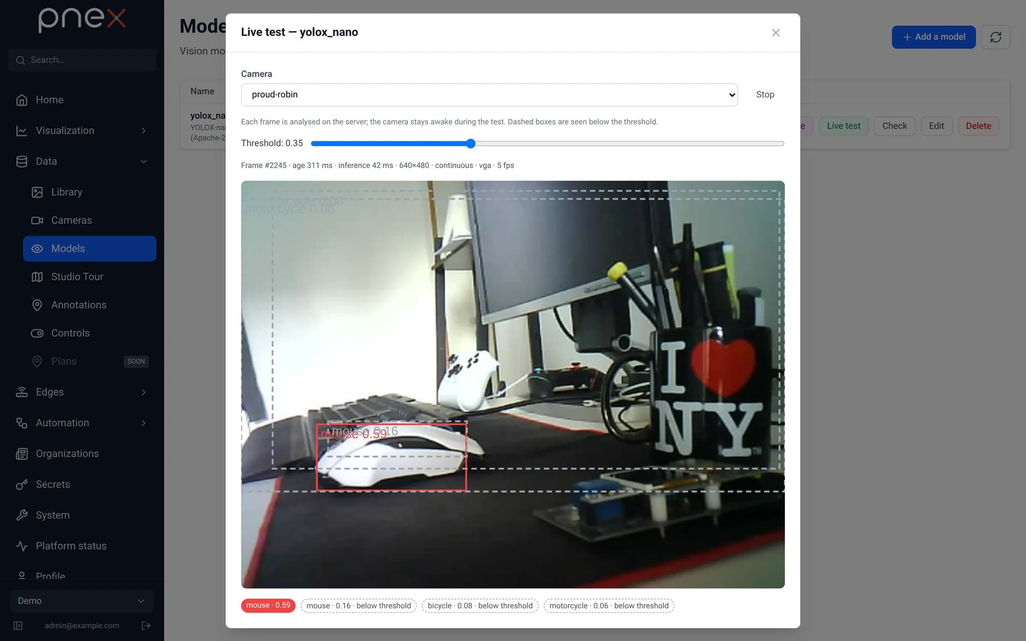 Live test of a model on a camera