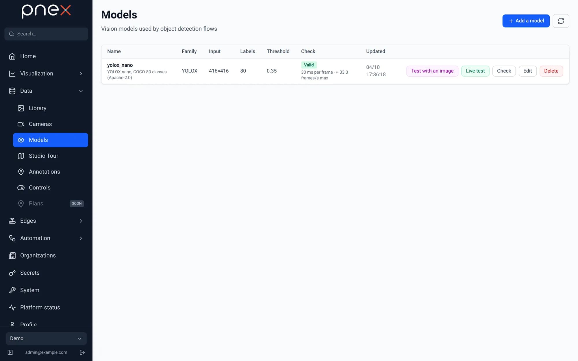 Model registry with check status and measured speed