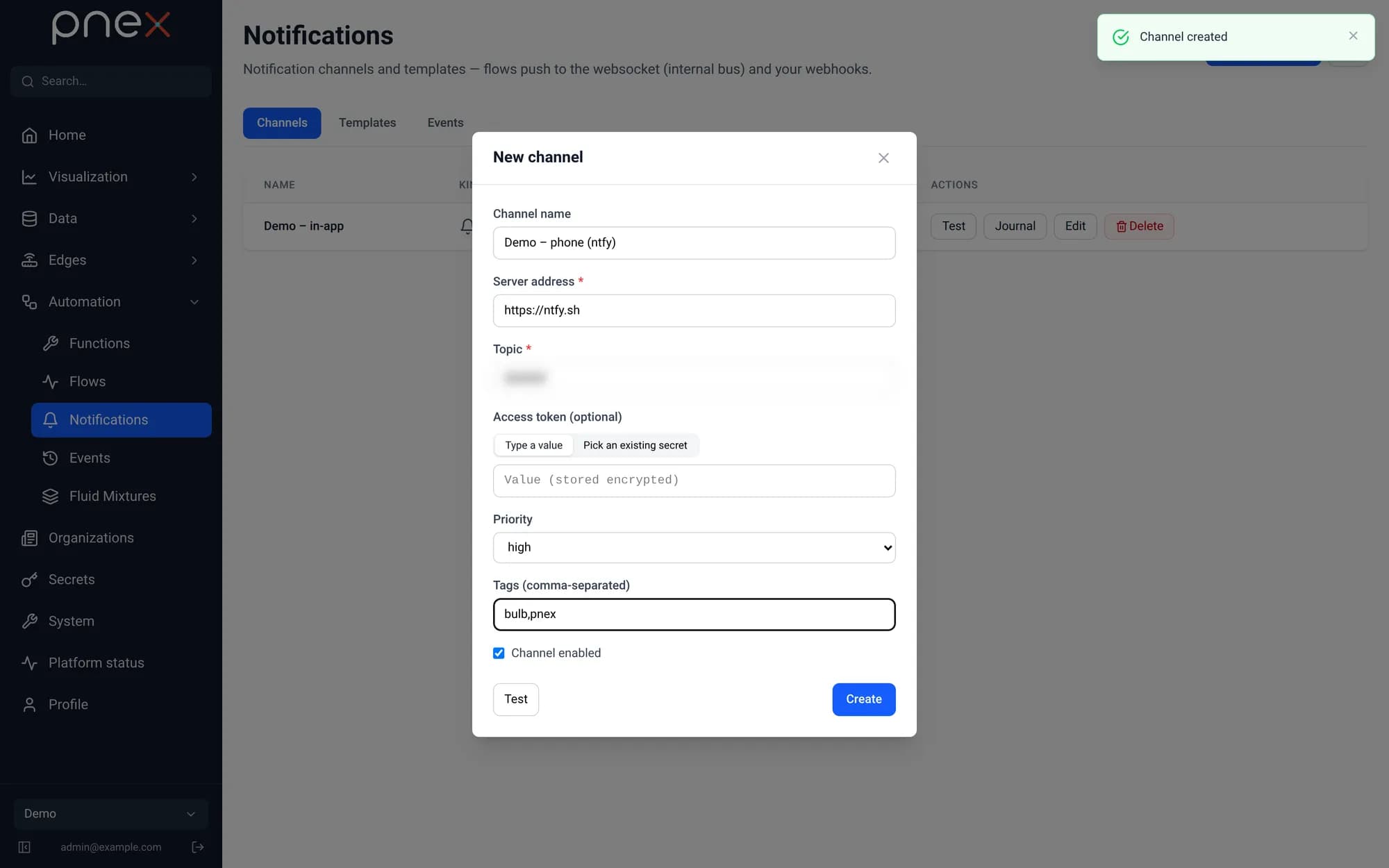 ntfy channel form