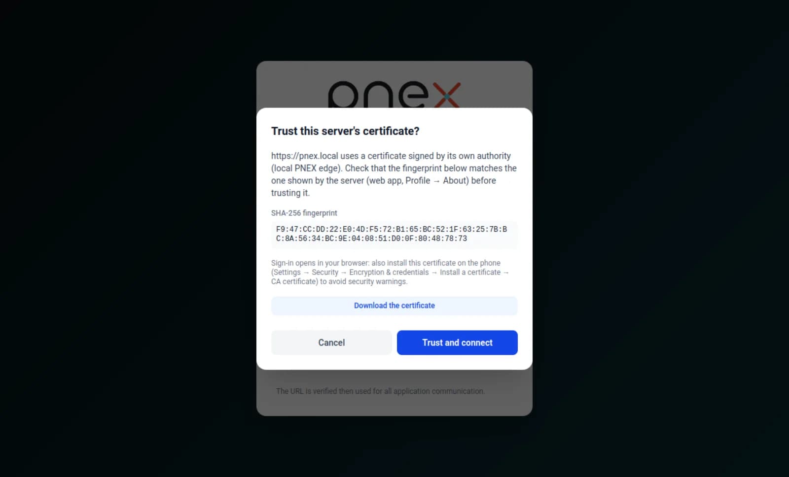 Certificate confirmation: compare the fingerprint with the Pi's
