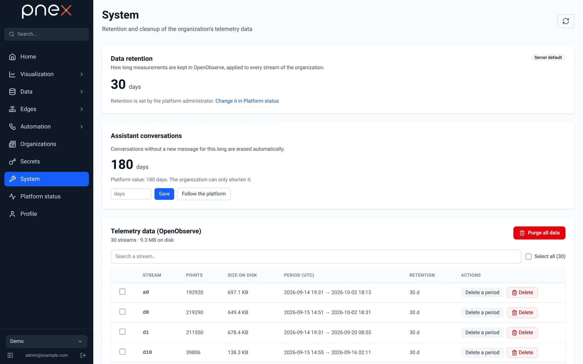 Data retention page