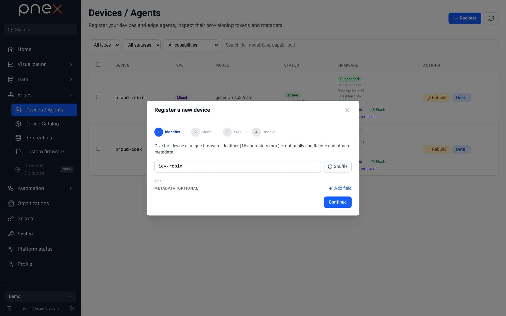 Register a new device wizard, step 1: identifier