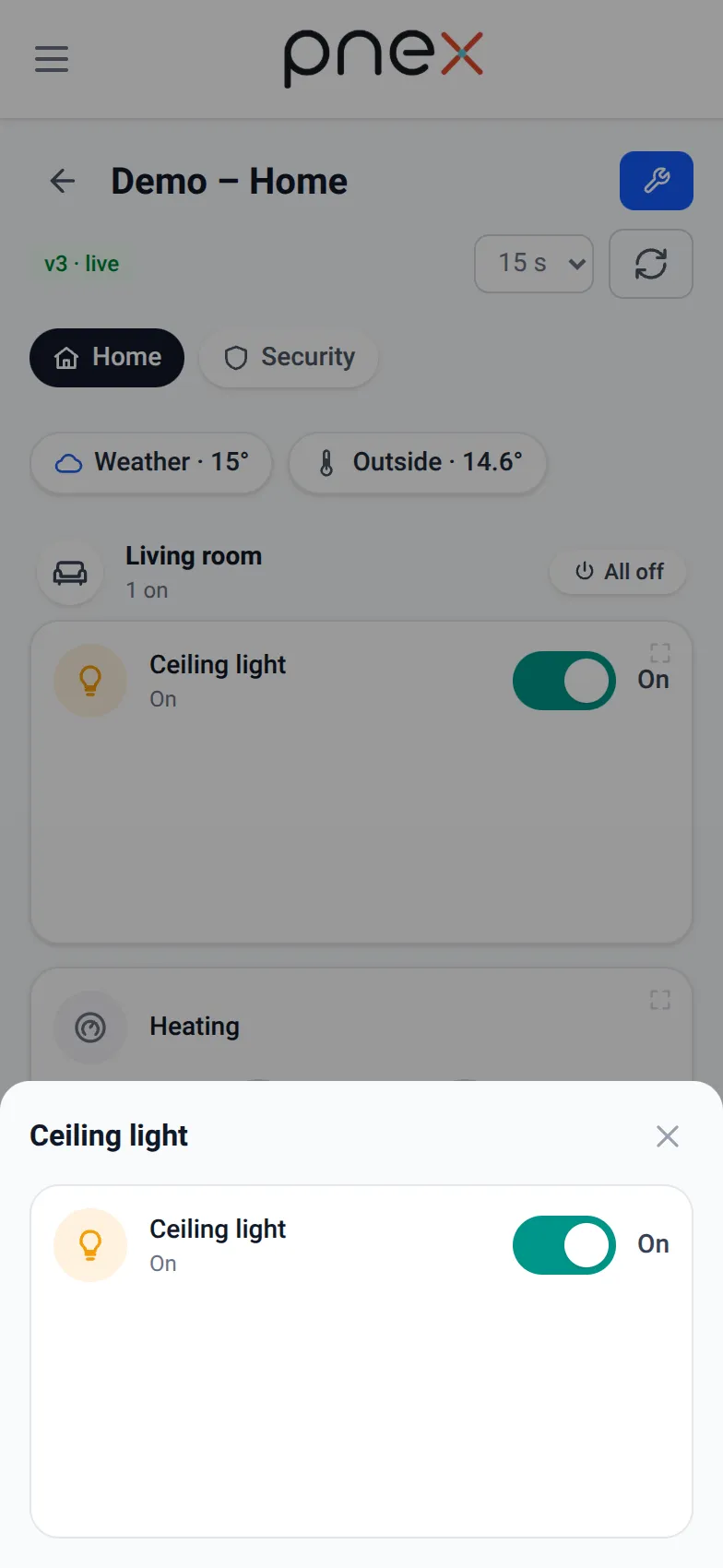 Light on: room summary “1 on”, details
