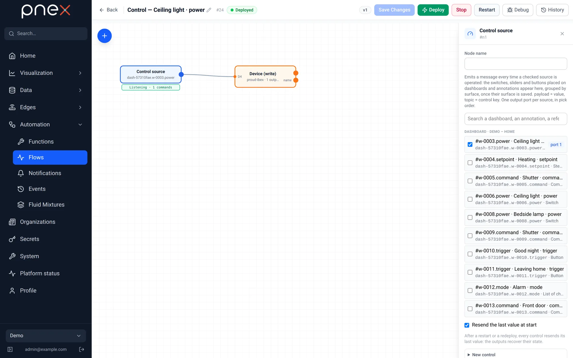 The drafted flow: Control source → Device (write) D4