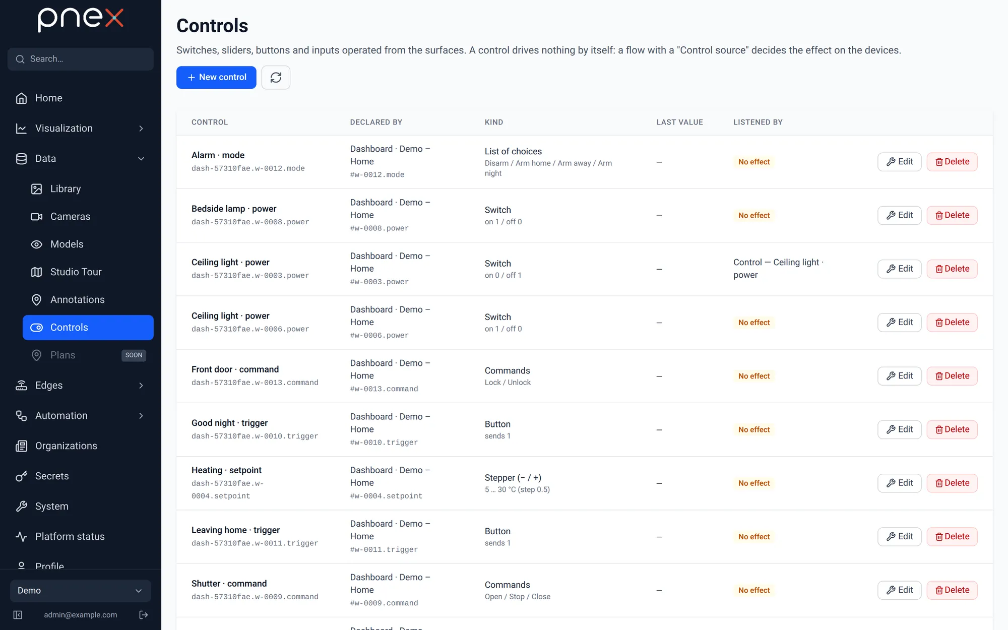 Controls page: declared by, last value, listened by