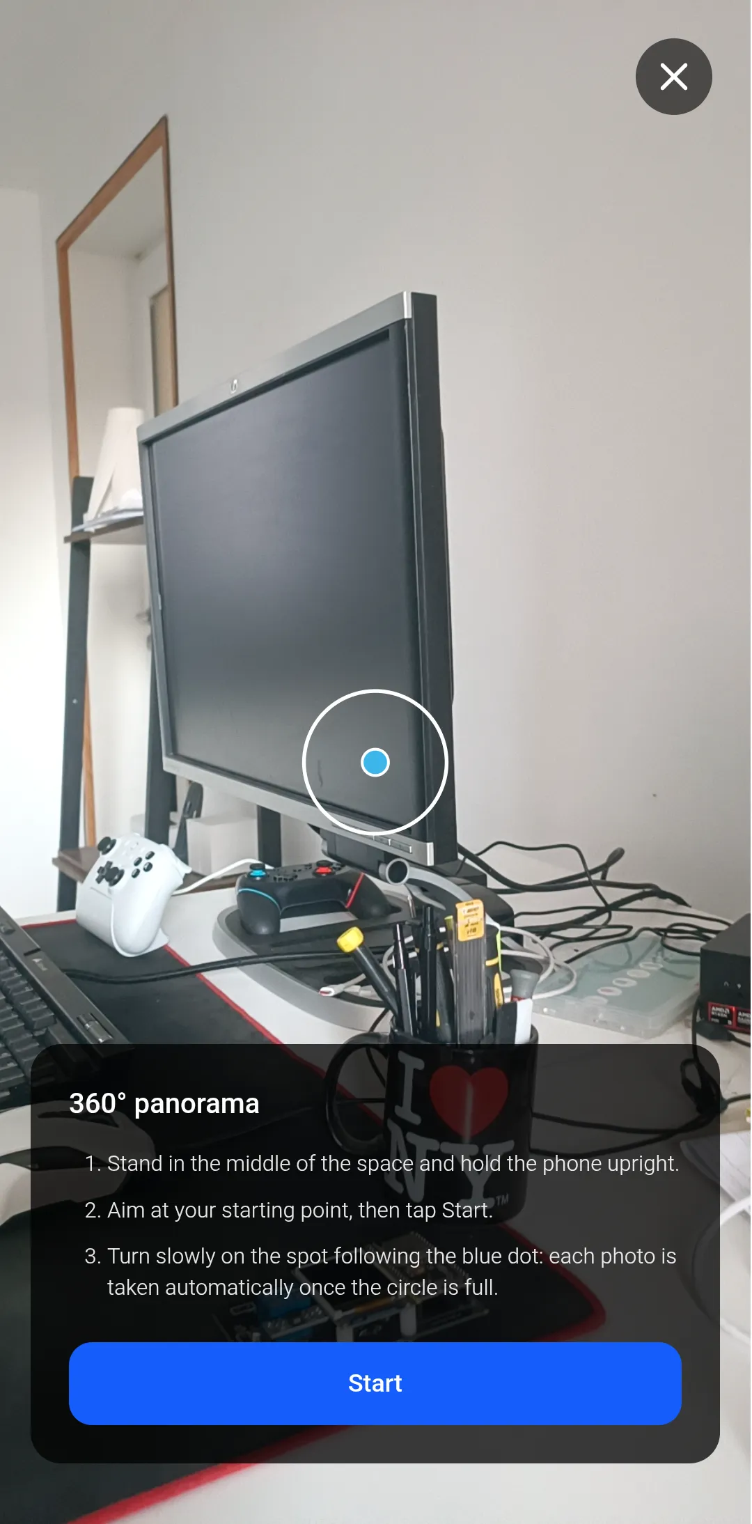 Take 360 on Android: aim at the starting point, then follow the blue dot